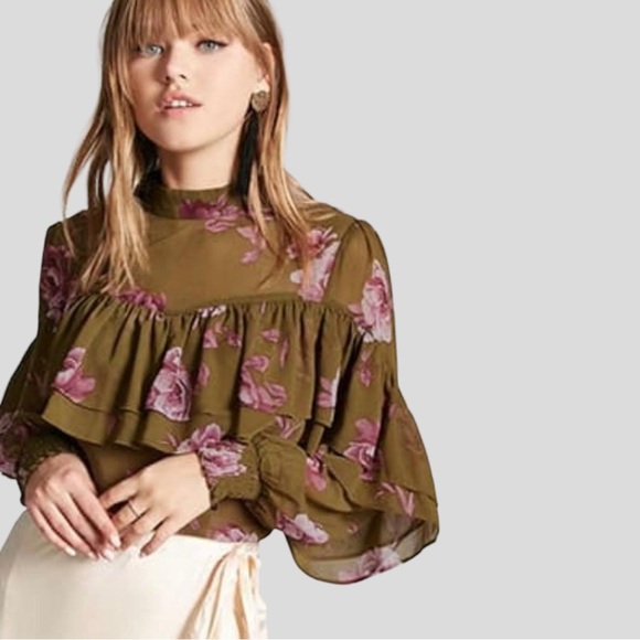 Olive Green & Fuchsia Floral Long Sleeve Ruffle Ruched Layered Blouse - Picture 13 of 13